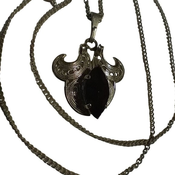 Vintage Silvertone Filigree Necklace Black Marquise Cut Stone Pendant Germany 16 - Picture 1 of 8